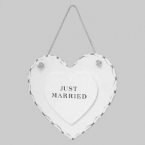 White Wooden Just Married Hanging Heart