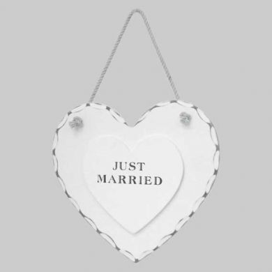 White Wooden Just Married Hanging Heart