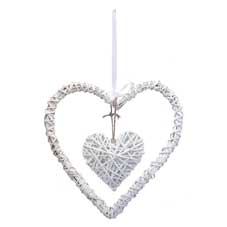 Basket - Double White Wicker Heart with Ribbon