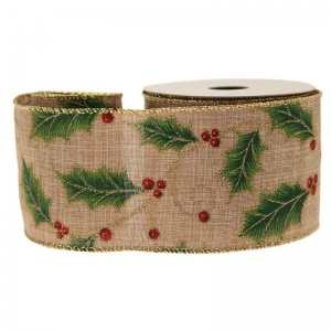 Ribbon Holly Berries Cotton Natural w Green&Red