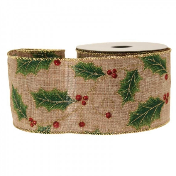 Ribbon Holly Berries Cotton Natural w Green&Red