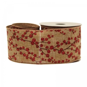 Ribbon Berries Cotton Natural w Red