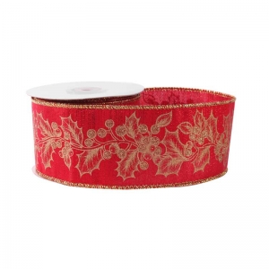 Ribbon - Red with Gold Holly Ribbon