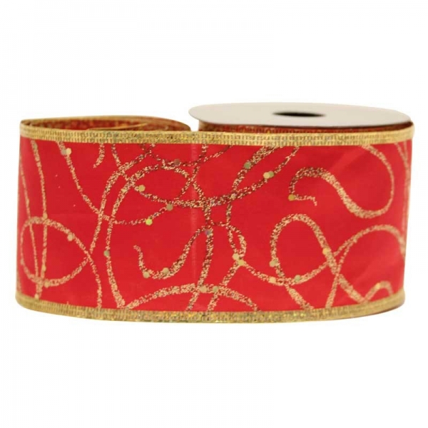 Ribbon Swirls Glitter Satin Red / Gold