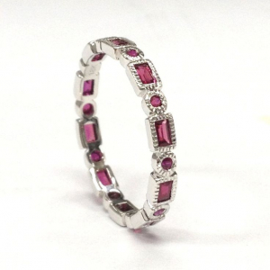 Ruby Round With 0.22Ct Round Brilliant Diamond Half Eternity Ring In 18K Yellow Gold